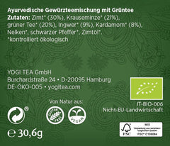 Yogi Tea Green Chai, ceai ayurvedic organic cu mirodenii, amestec de scorțișoară, mentă, ceai verde, ghimbir, cardamom și cuișoare, 6X17 pliculețe (102 pliculețe de ceai în total)