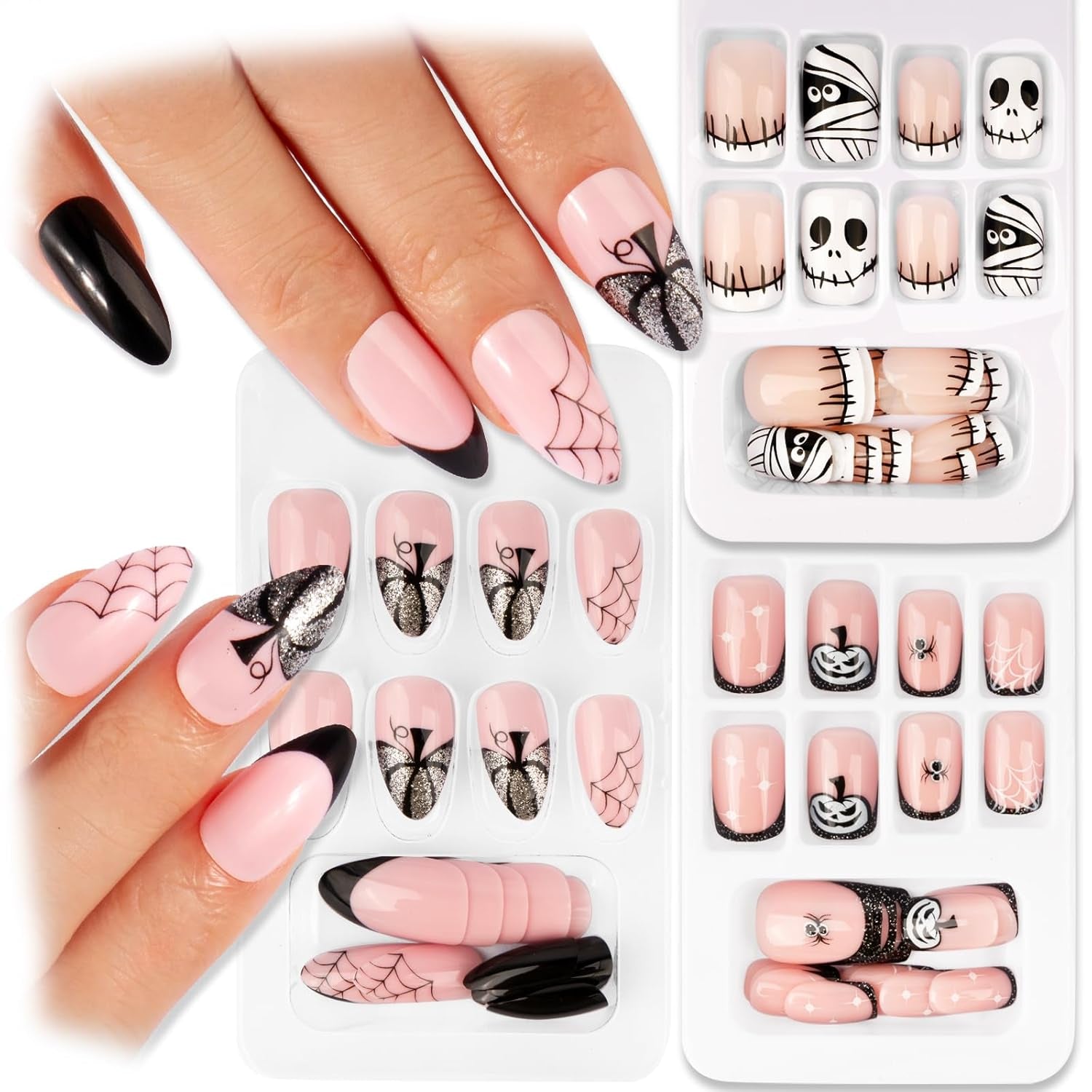72 buc unghii de Halloween unghii false autoadezive unghii artificiale scurte unghii autoadezive presate dovleac fantomă unghii artificiale vârfuri unghii artă portocaliu verde negru