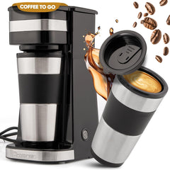 Espressor Clatronic | Cană de călătorie 400 ml | Compatibilă cu toate suporturile de pahare standard (de exemplu, pentru mașină) | Espressor cu filtru | Filtru permanent din nailon | Cană din oțel inoxidabil cu capac pentru aromă | KA 3733