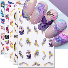 6 Blatt 3D Lila Schmetterling Nagelstickers Selbstklebend Nagelaufkleber Schmetterlinge Nail Sticker Bunte Blühen Marmor Nagel Stickers Regenbogen Welle Linien Nail Art Aufkleber Nageldesign Zubehör