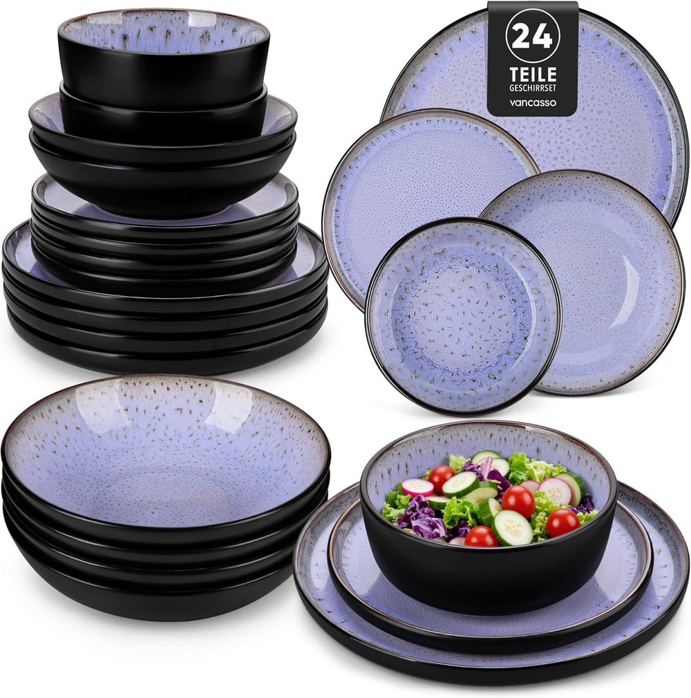 Steingut Geschirrset 6 Personen, vancasso AMBER Teller Set 6 Personen, Tafelservice 24tlg mit Speiseteller, Dessertteller, Suppenteller, Schüssel, Reaktive Glasur, Abendviolett, Spülmaschinenfest