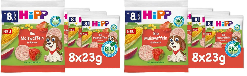 HiPP Organiczne Wafle Kukurydziane z Truskawkami (8 x 23g), przekąska dla dzieci od 8 miesiąca, słodzona wyłącznie owocami i warzywami, bezglutenowa, najwyższej jakości organicznej (2 opakowania)