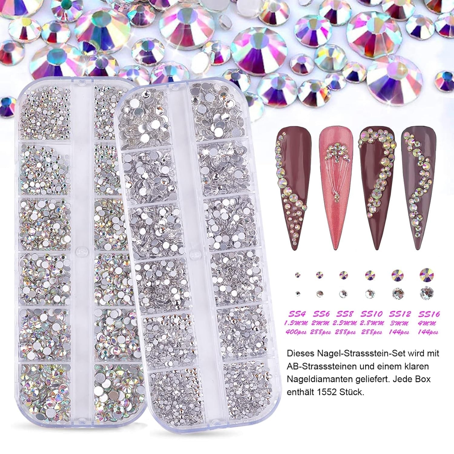 Set de 3200 de pietre pentru unghii, FITDON, pietre AB din sticlă multi-forme și pietre AB cu sclipici și diamant transparent pentru unghii, pentru decorare, seturi DIY, brelocuri pentru bijuterii, accesorii pentru unghii