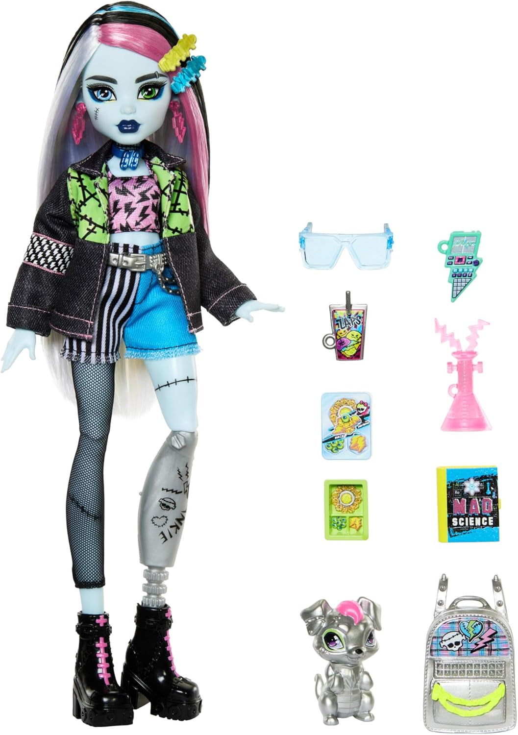Păpușă Monster High Frankie Stone cu jachetă din denim și pantaloni scurți, include câinele Watzie și accesorii precum un rucsac, o gustare și un notebook, HXH73 Papusi Naty Shop