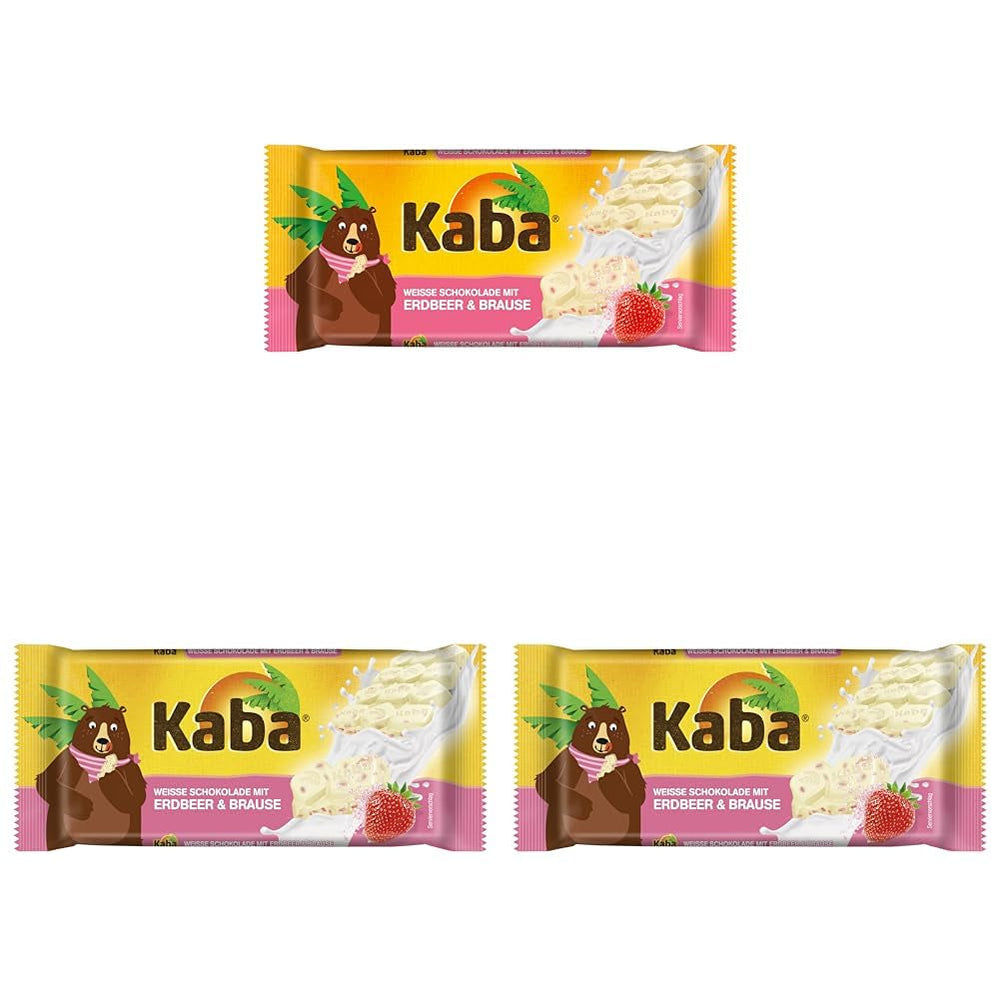 Kaba Ciocolată Albă cu Aromă de Căpșuni și Bomboane Efervescente, Baton de Ciocolată, Baton 85g, Ciocolată albă cu aromă fructată de căpșuni și bomboane efervescente cu aromă originală Kaba (Pachet de 3)