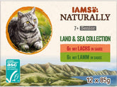 IAMS Naturally Senior Hrană umedă în sos - Hrană umedă de înaltă calitate cu carne și pește pentru pisici mai în vârstă, Colecția Land & Sea, 12 x 85 g