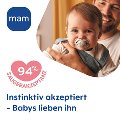Suzete MAM Original, pachet de 2, suzete pentru bebeluși prietenoase cu dinții, fabricate din materiale sustenabile și bioregenerabile, tetine din silicon MAM SkinSoft, cu cutie pentru suzetă, 6-16 luni, verde/bej