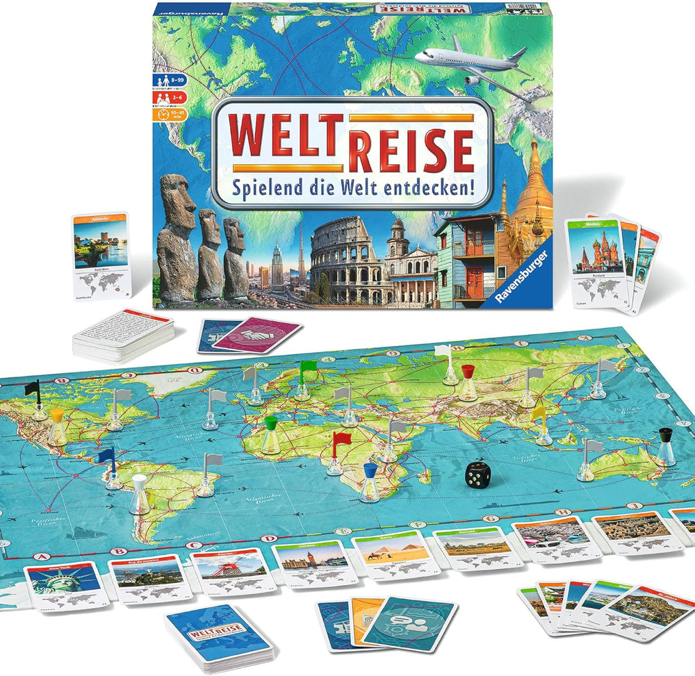 Ravensburger Family Game 26888 - World Tour - Klasyczna gra dla rodzin, w wieku 8 lat i więcej - Gra towarzyska, podróże po świecie, gra planszowa dla maksymalnie 6 graczy - ponad 170 miast