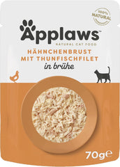 Applaws 100% natürliches Nassfutter für Katzen, Hühnerbrust mit Thunfischfilet in Brühe - Packung mit 12 x 70g Beuteln