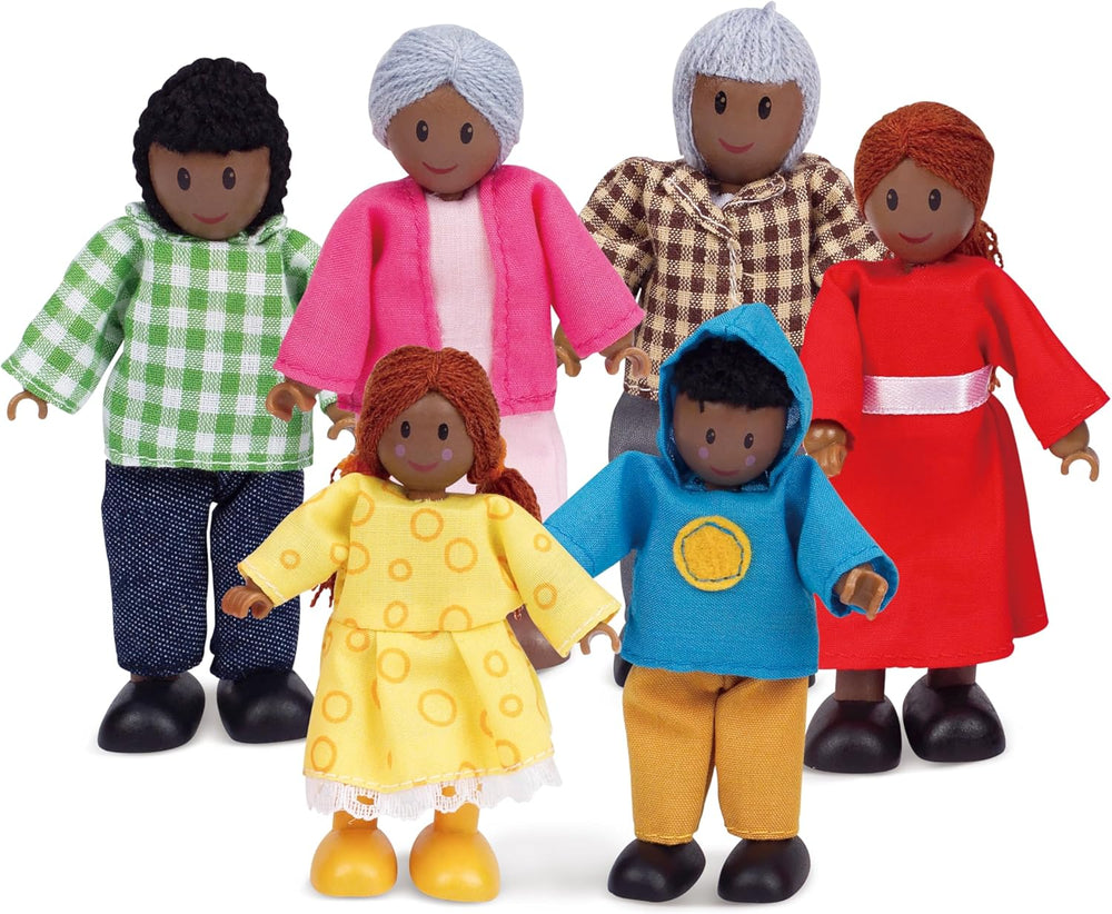Hape Doll Family – Set de accesorii pentru casă de păpuși cu 6 piese, culoare piele închisă, cu figurine din lemn și material textil, joc de rol, jucărie educativă, jucărie interactivă de învățare pentru copii cu vârsta de 3 ani și peste