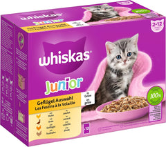 WHISKAS Junior Pliculețe pentru Hrană Umedă, Pachet Multiplu, Selecție de Carne de Păsări în Jeleu, 12 x 85g