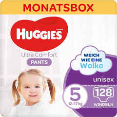 Spodnie Huggies Ultra Comfort, rozmiar 5, 12-17 kg, Dla aktywnych dzieci, Ze wskaźnikiem wilgoci i technologią chmurki w pasie, 128 pieluch Sklep dla matek i dzieci Naty Shop