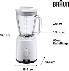 Braun Powerblend 1 JB1050WH - Mikser stojący Mit 1,5 L Glas-Mixaufsatz, Küchenhelfer Zum Zerkleinern, Pürieren & Mixen, Funkcja kruszenia lodu, 2 Geschwindigkeiten, 600 Watt, Weiß Kitchen Naty Shop