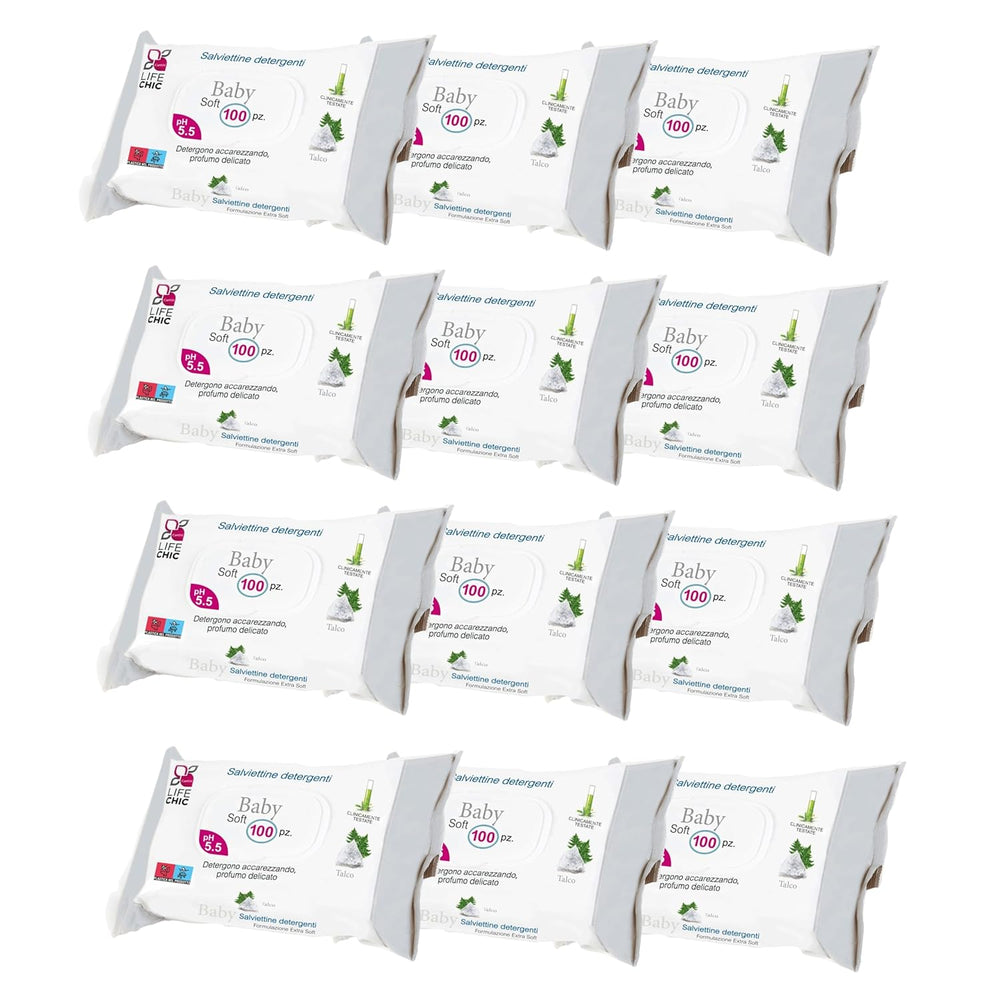 Chusteczki dla niemowląt z talkiem do skóry wrażliwej, bez alkoholu, przyjazne dla skóry, pH 5,5, lekko pachnące, 1200 szt. (12 szt.)