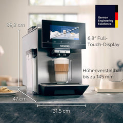 Espressor automat Siemens EQ900, ecran TFT color mare, 2 recipiente pentru boabe, 36 de băuturi calde și reci, cafea rece, super silențios, funcție pentru două cești, control prin aplicație, oțel inoxidabil, TQ907D03