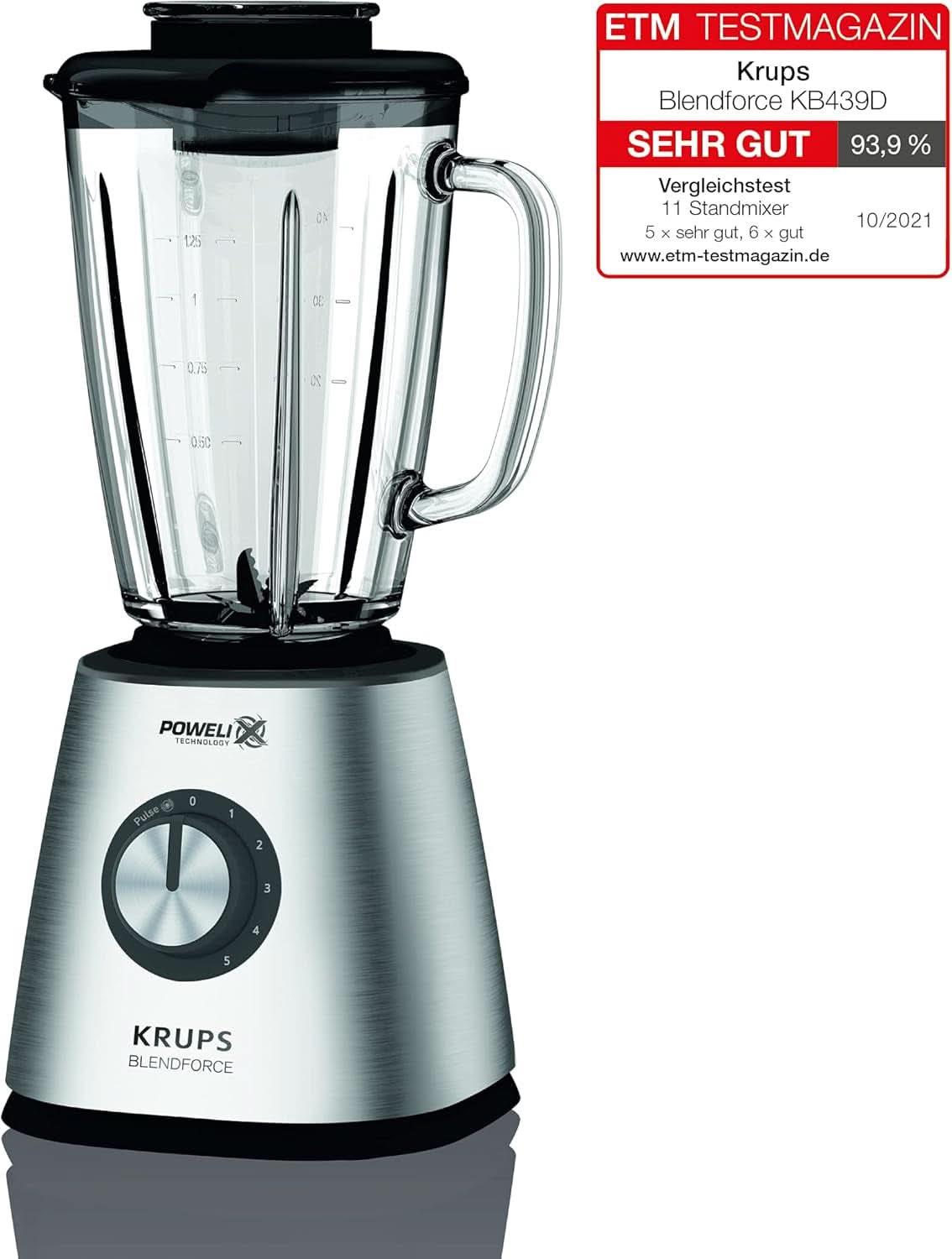 Krups KB439D Blendforce 2 Standmixer | 800 Watt | 5 Geschwindigkeiten | Pulsfunktion | 1,75 Liter Thermoglasbehälter (Nutzvolumen: 1,25 Liter) | Stoßfest | Eiszerkleinerer | Edelstahl Mama si Copilul Naty Shop