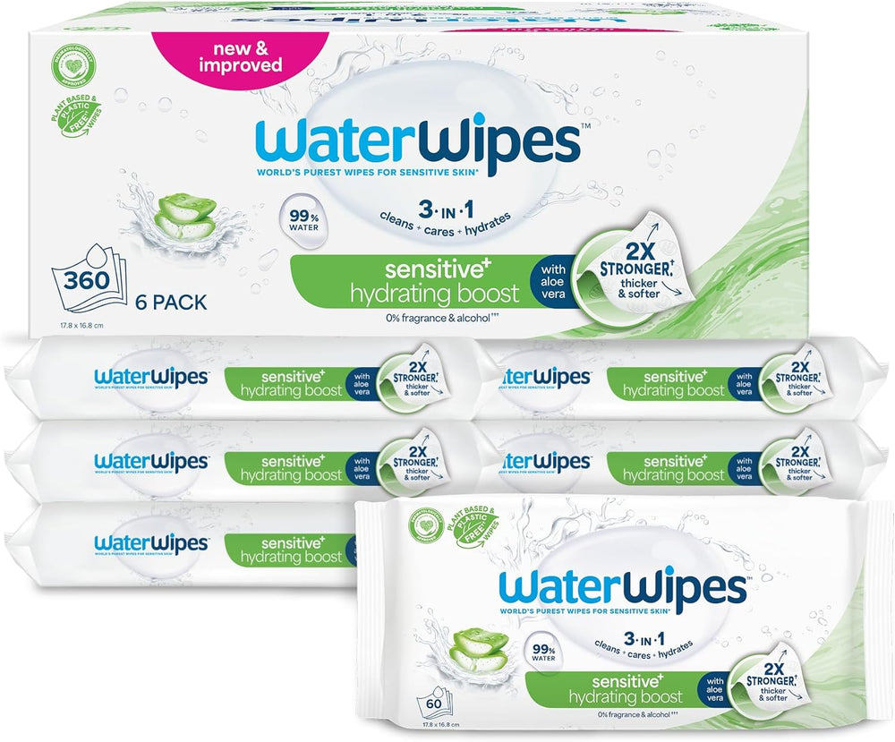 WaterWipes Sensitive+ Hydrating Boost Chusteczki nawilżane, Chusteczki nawilżające, 360 sztuk (6 szt.), 3 w 1 Czyszczenie, pielęgnacja, nawilżanie, 99% wody z aloesu, bezzapachowe chusteczki dla dzieci