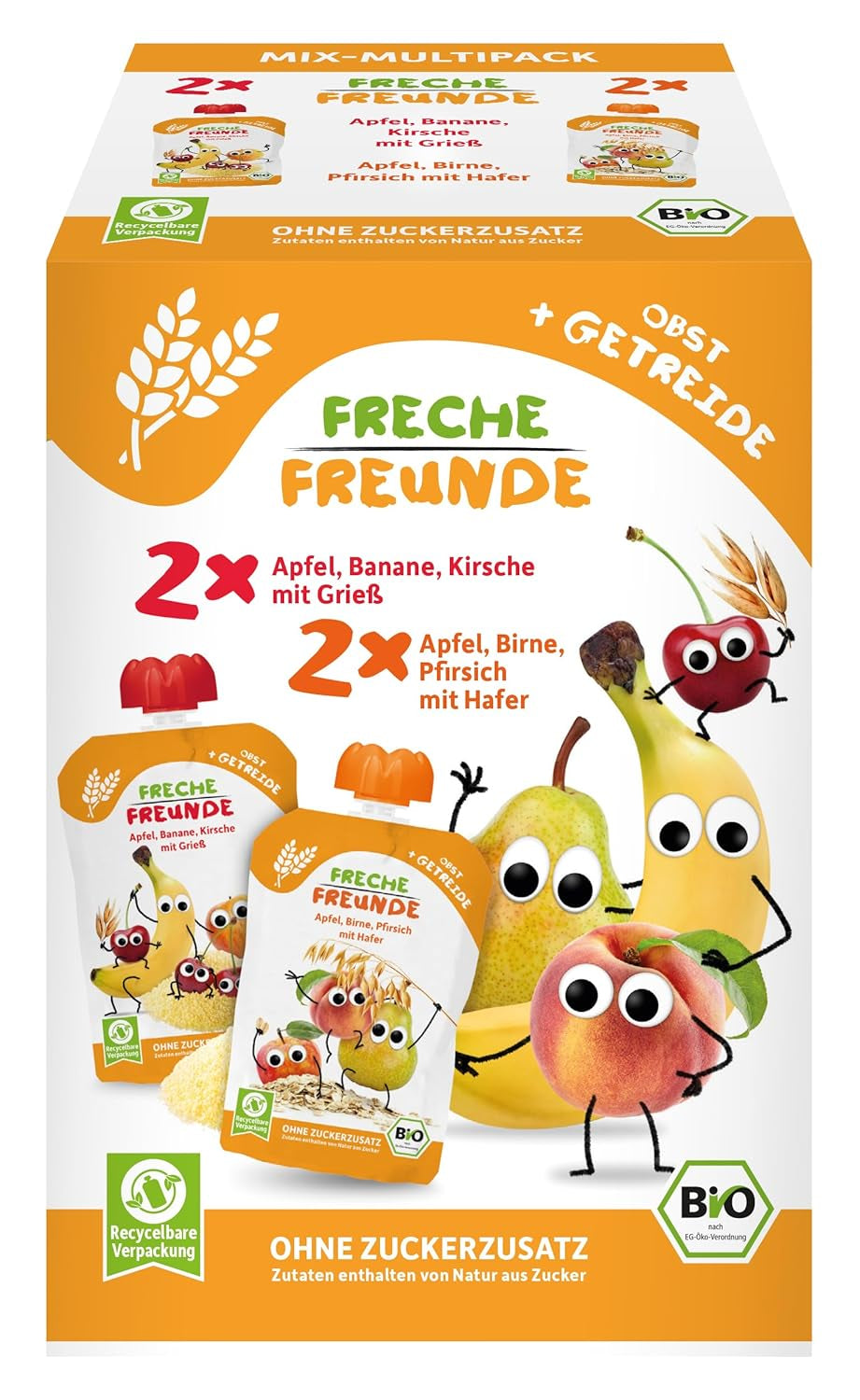 FRECHE FREUNDE Organiczna mieszanka w wielopaku do wyciskania - Owoce + Płatki, Przecier owocowy ze zbożami w wyciskanej torbie dla dzieci od 6 miesiąca, wegańskie, opakowanie 3 szt., 3 x (4 x 100g)