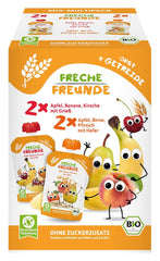 FRECHE FREUNDE Organiczna mieszanka w wielopaku do wyciskania - Owoce + Płatki, Przecier owocowy ze zbożami w wyciskanej torbie dla dzieci od 6 miesiąca, wegańskie, opakowanie 3 szt., 3 x (4 x 100g)