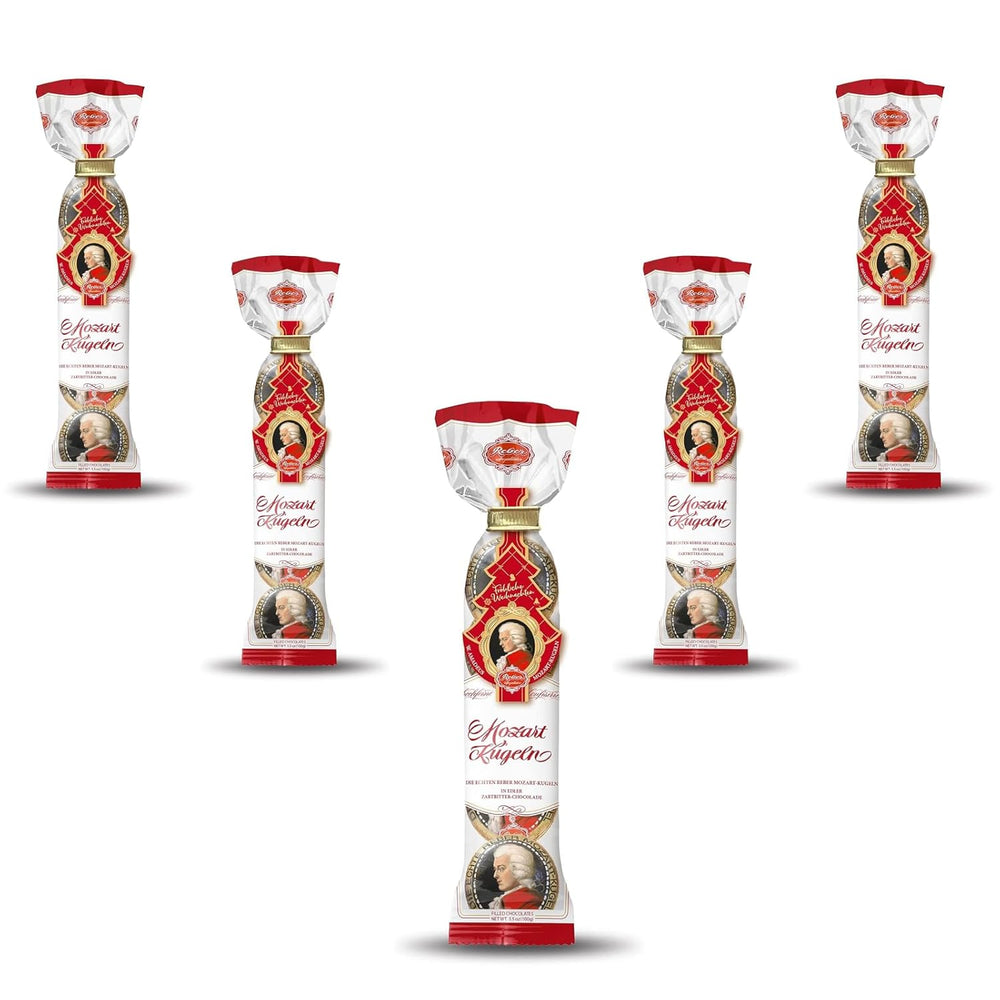 Kulki Reber Mozart - 5 torebek po 5 słodyczy w wydaniu świątecznym - Autentyczne kulki Reber Mozart, wykonane z ciemnej czekolady, marcepanu i nugatu