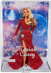 Barbie Mariah Carey - Sammelpuppe mit glänzender roter Robe, Rüschen, Schlitz, glamouröse Locken, silberfarbene Accessoires, rote High Heels, Weihnachtstradition, Dekoration, HJX17