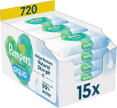 Chusteczki nawilżane Pampers Harmony Aqua, 15 opakowań po 48 chusteczek w każdym - łącznie 720 chusteczek pomagających przywrócić naturalną równowagę pH skóry, lekki balsam 99% wody