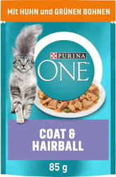 Hrană umedă pentru pisici PURINA ONE Coat and Hairball în sos, cu pui, pachet de 26 (26 x 85g)