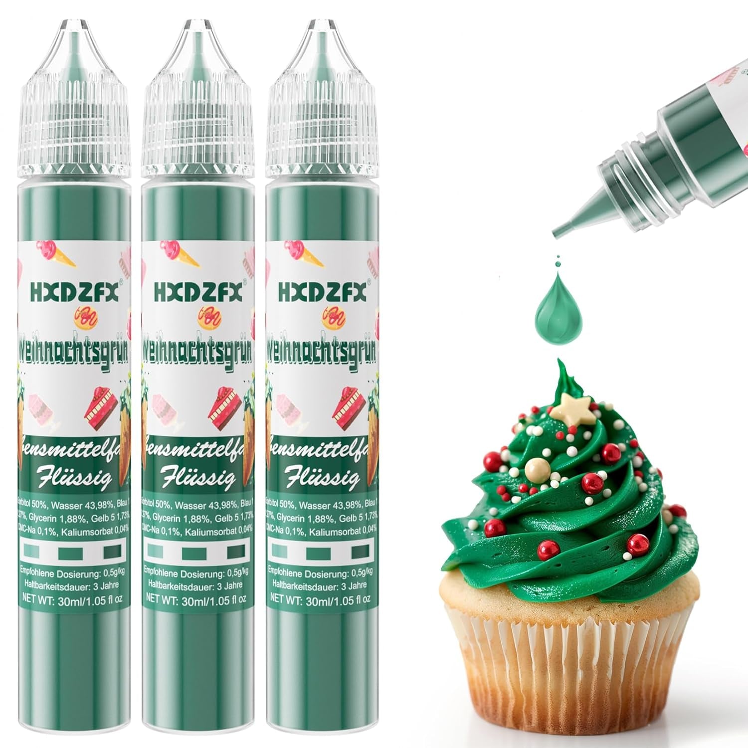 Colorant alimentar - Colorant alimentar lichid, Colorant alimentar foarte concentrat, Coloranți alimentari lichizi pentru copt, Decorare tort, Fursecuri, Macarons, Ouă de Paște, Aluat - 3 × 30ml (Roșu de Crăciun)