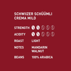 Schwiizer Schüümli Crema Mild, boabe de cafea 100% Arabica fine, armonioase și blânde, ideale pentru espressoare automate, tărie 2/5, prăjire ușoară, Rainforest Alliance, 1kg