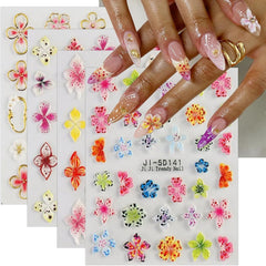JMEOWIO 3D Nagelsticker Colorful Flower Nail Art Sticker Selbstklebend Nagelaufkleber 5D Stereoskopisch Spring Summer Floral Dekoration Nageldesign Zubehör 4 Blatt