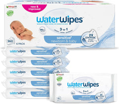 WaterWipes Sensitive+ Chusteczki nawilżane dla noworodków i niemowląt, 360 sztuk (6 szt.), 3 w 1 czyszczenie, pielęgnacja, ochrona, 99,9% wody, bez substancji zapachowych