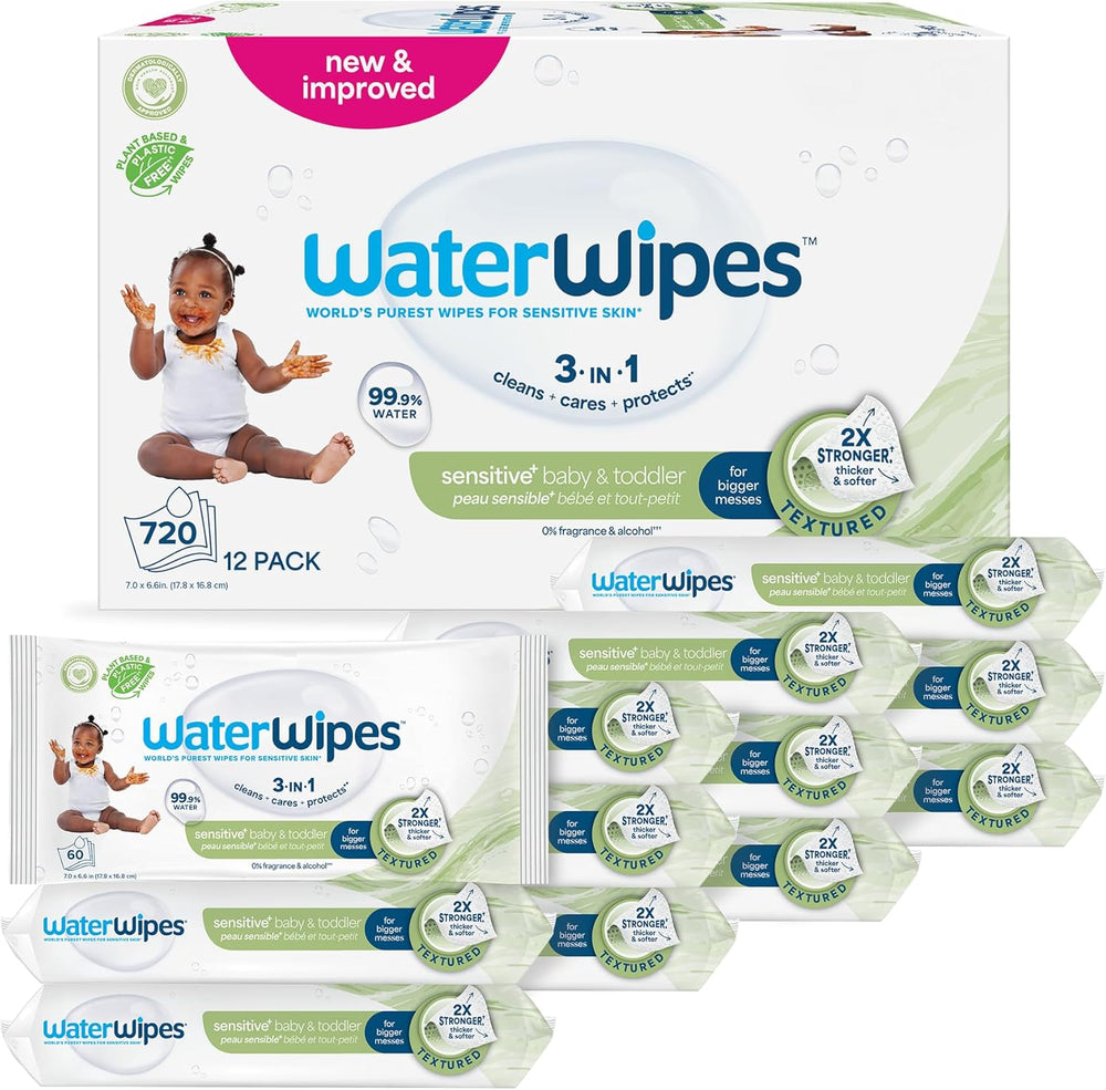 WaterWipes Sensitive+ Chusteczki nawilżane dla niemowląt i małych dzieci, 720 szt. (12 szt.), 3 w 1 czyszczenie, pielęgnacja, ochrona, 99,9% wody, teksturowane oczyszczanie, bezzapachowy