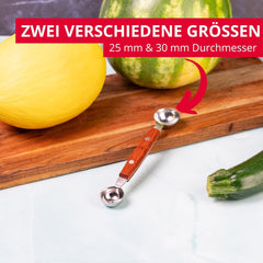 Westmark Baller cu două fețe Woody – Formator mic de bile pentru pepene, kiwi, alte fructe și legume, precum și înghețată, cremă de brânză sau unt – Oțel inoxidabil, lemn