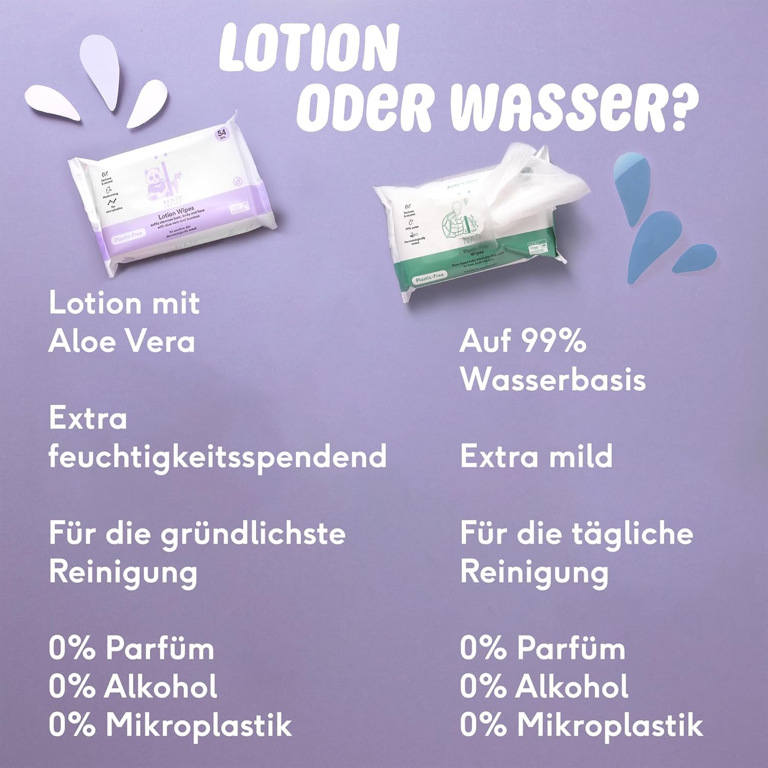 Naïf - Șervețele umede fără plastic - 1296 bucăți (24 bucăți X 54 șervețele umede) - Îngrijire pentru fundul, corpul și fața bebelușului - 99% apă - 0% parfum și alcool