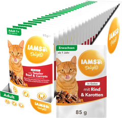 IAMS Delights Hrană umedă pentru pisici cu vită suculentă și morcovi în jeleu - Hrană umedă completă pentru pisici adulte, 24 pliculețe x 85g
