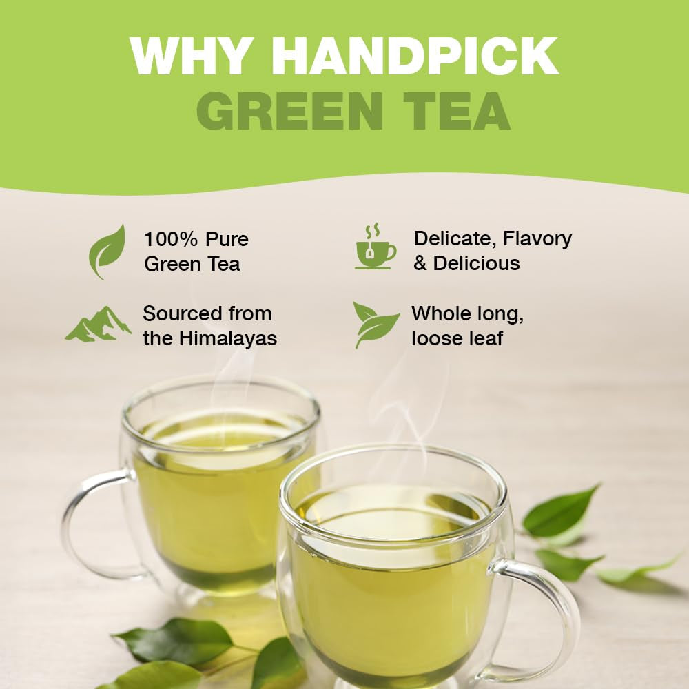 HANDPICK, pliculețe de ceai verde (100 pliculețe) Fără gluten și ceai verde pur | Pliculețe rotunde de ceai verde, fără adeziv, fără înălbitor, fără sfori | Ceai fierbinte/Kombucha sau infuzat la rece | Ceai verde