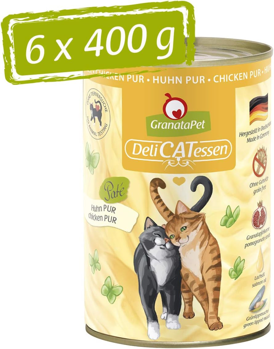 GranataPet DeliCatessen Huhn PUR, Nassfutter für Katzen, Futter ohne Getreide & ohne Zuckerzusätze, Katzenfutter mit hohem Fleischanteil & hochwertigen Ölen, 6 x 400 g