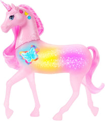 Barbie unicorn strălucitor care luminează în întuneric cu 20 de combinații interactive de efecte de lumină, sunete și muzică, pentru joacă prin apăsarea butoanelor și mângâierea capului, JCP78