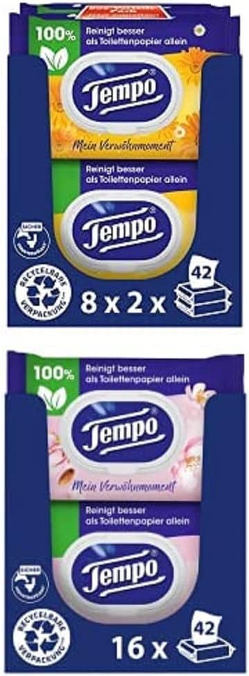 Pachet de șervețele de toaletă Tempo Moist My Pampering Moment Calendula (16 bucăți) și Tempo Moist Toilet Wipes Almond Milk & Panthenol (16 bucăți)