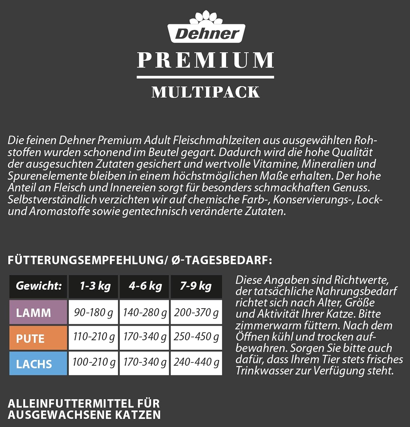 Dehner Premium cat food multipack, hrană umedă, pentru pisici adulte, 4 X miel / curcan / somon fiecare, 12 X pungi de 100 g (1,2 kg)