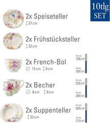 Villeroy & Boch - Set de început Mariefleur, culori asortate, potrivit pentru mașina de spălat vase, potrivit pentru cuptorul cu microunde, set de veselă pentru 2 persoane, set de veselă cu decor floral, veselă, tacâmuri, set combinat, porțelan premium