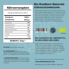 Wholefood Earth Organiczny krótkoziarnisty ryż brązowy 3 kg Wegańskie źródło błonnika bez GMO z kontrolowanych upraw ekologicznych