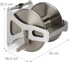 Relaxdays Rolă metalică pentru furtun, înfășurare furtun goală, oțel inoxidabil și aluminiu, montare pe podea și perete, 30,5x45x36,5 cm, argintiu