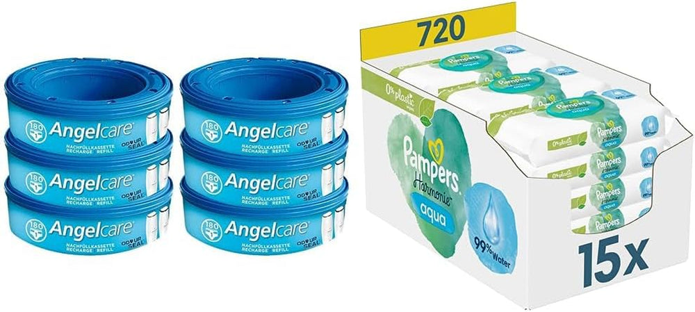 Pudełko uzupełniające 2320 Plus 2017 (6 szt.) i pudełko chusteczek nawilżanych Pampers Harmony Aqua Baby, 720 chusteczek (15 x 48), delikatna ochrona skóry, zawierająca 99% wody