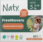 Naty FreeMovers Pieluszki dziecięce | Certyfikowane, przyjazne dla skóry pokrowce na pieluchy | Miękkie i bezzapachowe | Chłonne i szczelne | Testowany dermatologicznie Rozmiar 5 (12–18 kg) | 80 sztuk