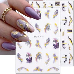 6 Blatt 3D Lila Schmetterling Nagelstickers Selbstklebend Nagelaufkleber Schmetterlinge Nail Sticker Bunte Blühen Marmor Nagel Stickers Regenbogen Welle Linien Nail Art Aufkleber Nageldesign Zubehör