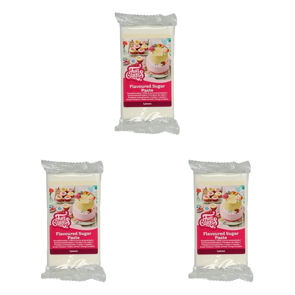 FunCakes Fondant cu aromă de lămâie: Gust delicios, textură fină, ușor de întins, fondant rulat, perfect pentru prăjituri, cupcakes și biscuiți. Halal, kosher și fără gluten. 250 g (pachet de 3) Pasta de zahar Naty Shop 250 G (pachet de 3) Lămâie