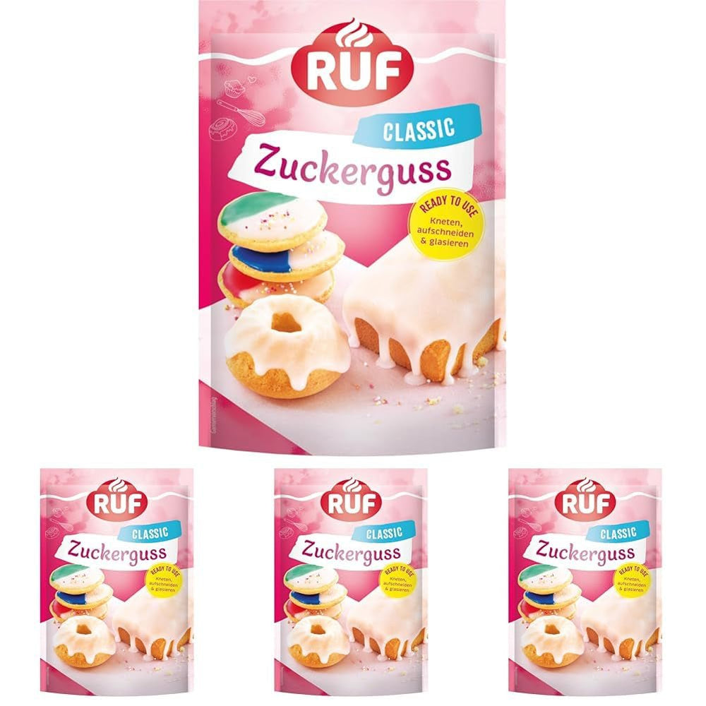 Glazură RUF gata de utilizare, poate fi folosită imediat fără amestecare, glazură pentru biscuiți și prăjituri, ca glazură de zahăr de bază sau pentru colorare și aromatizare, 1 x 150g (pachet de 4) Pasta de zahar Naty Shop 150 G (pachet de 4) Alb