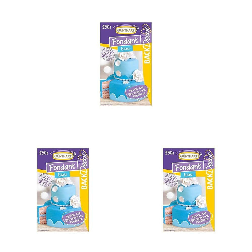 Günthart BackDecor 250 g fondant albastru, 100% vegan, fără ulei de palmier, rezistent la rupere pentru a acoperi prăjituri și produse de patiserie, potrivit pentru modelare, pachet de 3 (1 x 250 g) Pasta de zahar Naty Shop Albastru 250 G (pachet de 3)