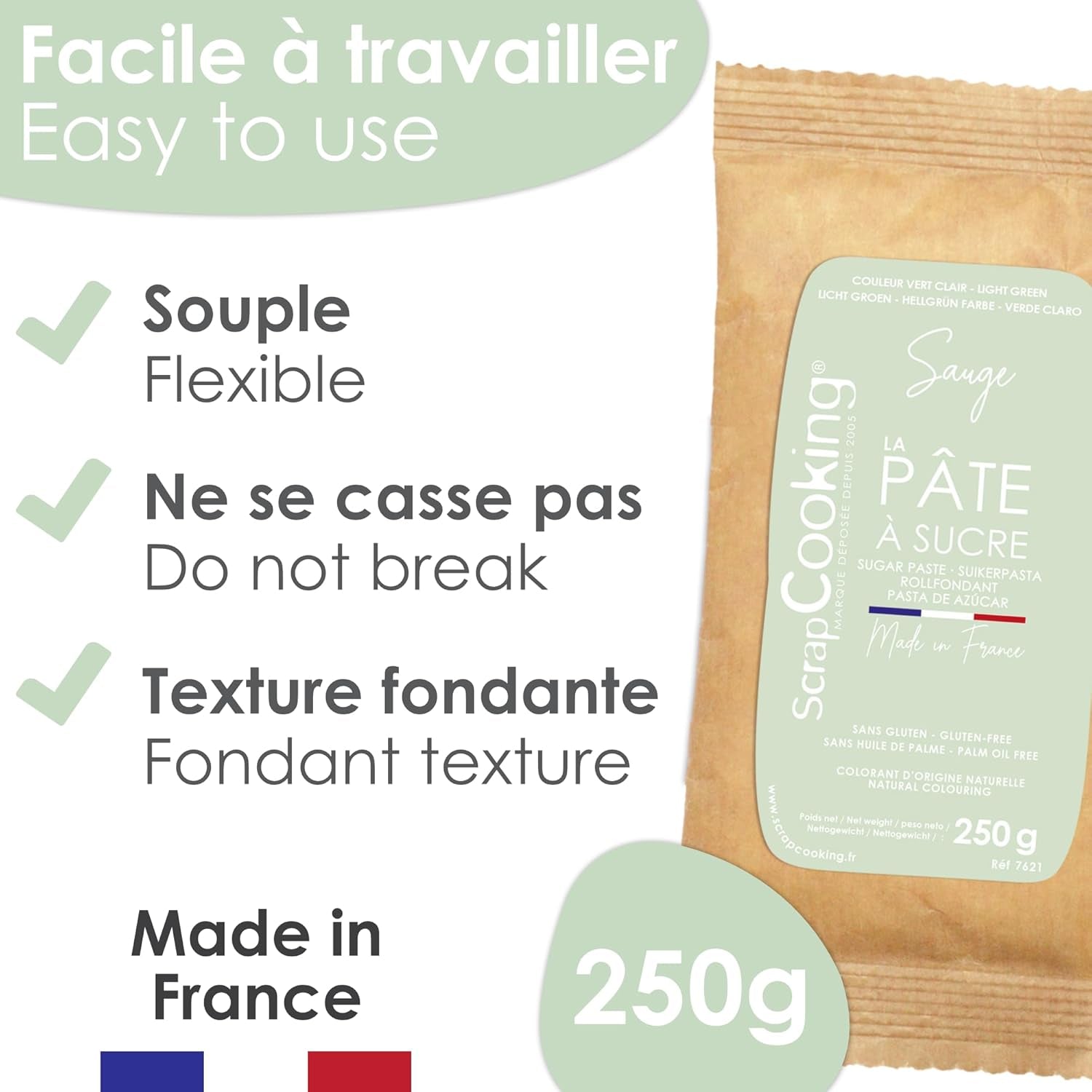 ScrapCooking - Pâte à Sucre Vert Sauge 250g - Colourant d'Origine Naturelle - Sans Gluten, Sans Huile de Palme - Pour Gâteaux, Pâtisseries Anniversaire - Vert Pastel - Fabriquée en France - 7621 Pasta de zahar Naty Shop